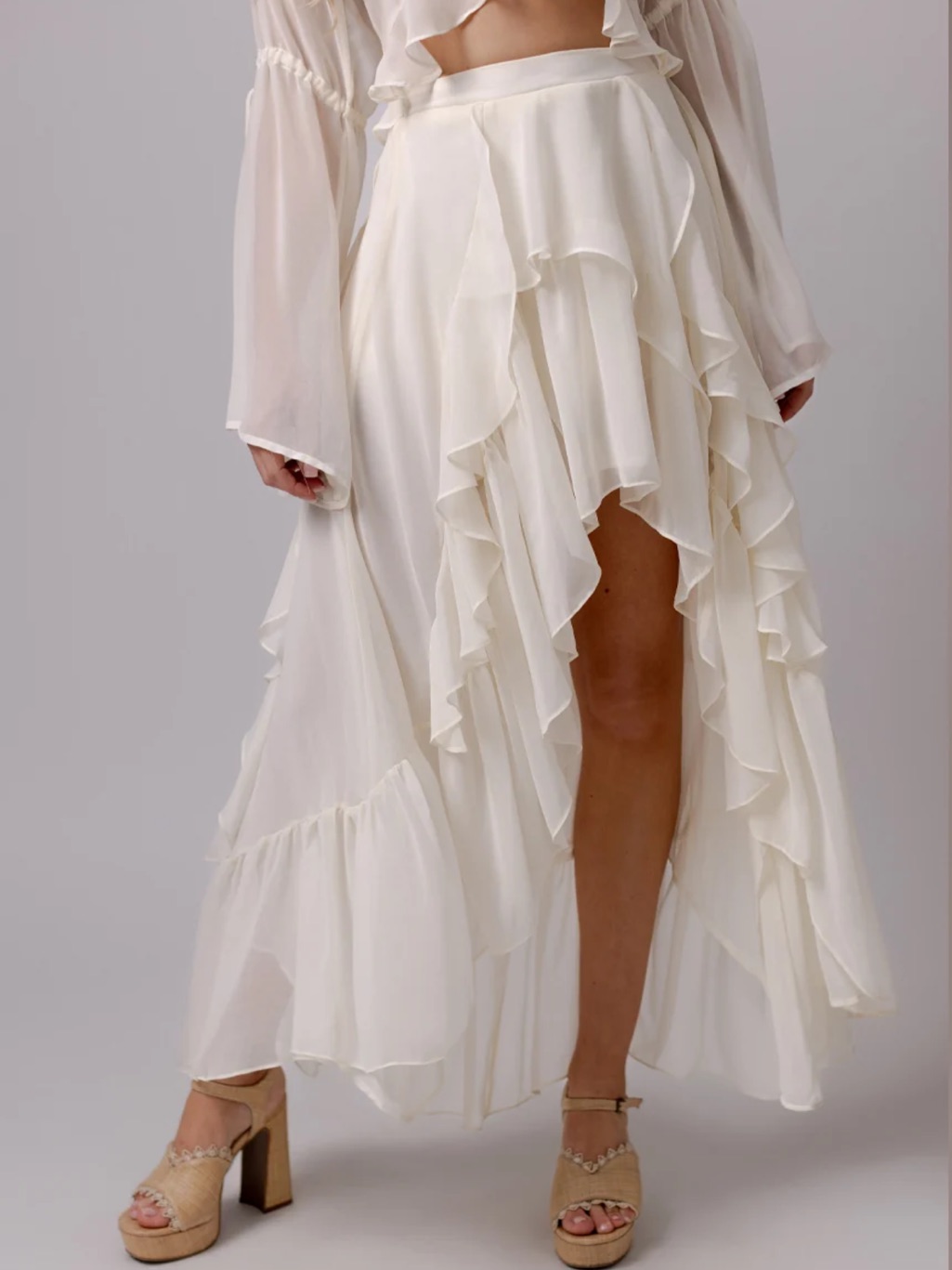Joyfolie Ruffled High-Slit Maxi Skirt Cream